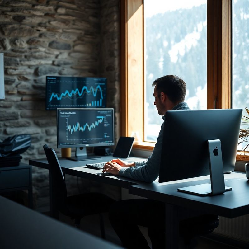 SEO specialist za minimalnim slate delovnim mestom z grafikoni podatkov na monitorju