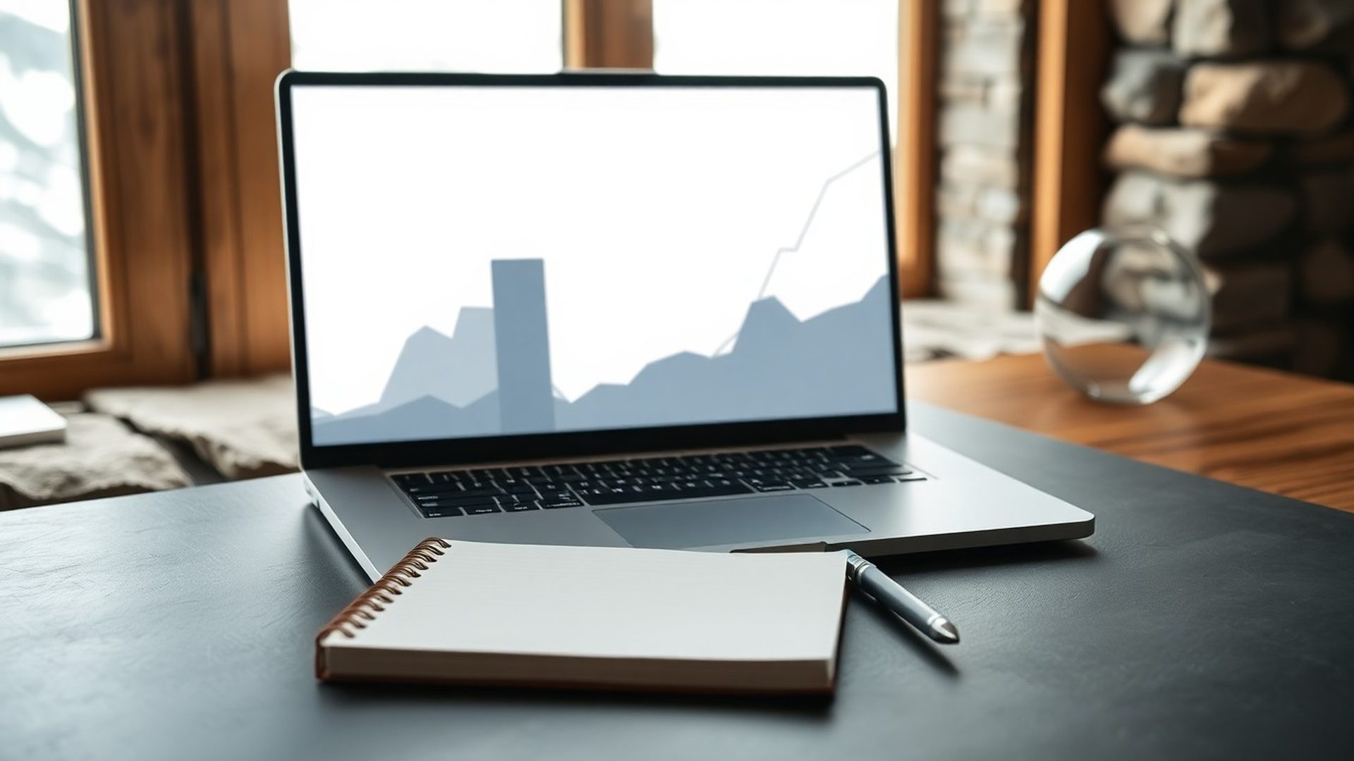 Prenosnik z naraščajočim grafom v Google Search Console na urejenem delovnem pultu